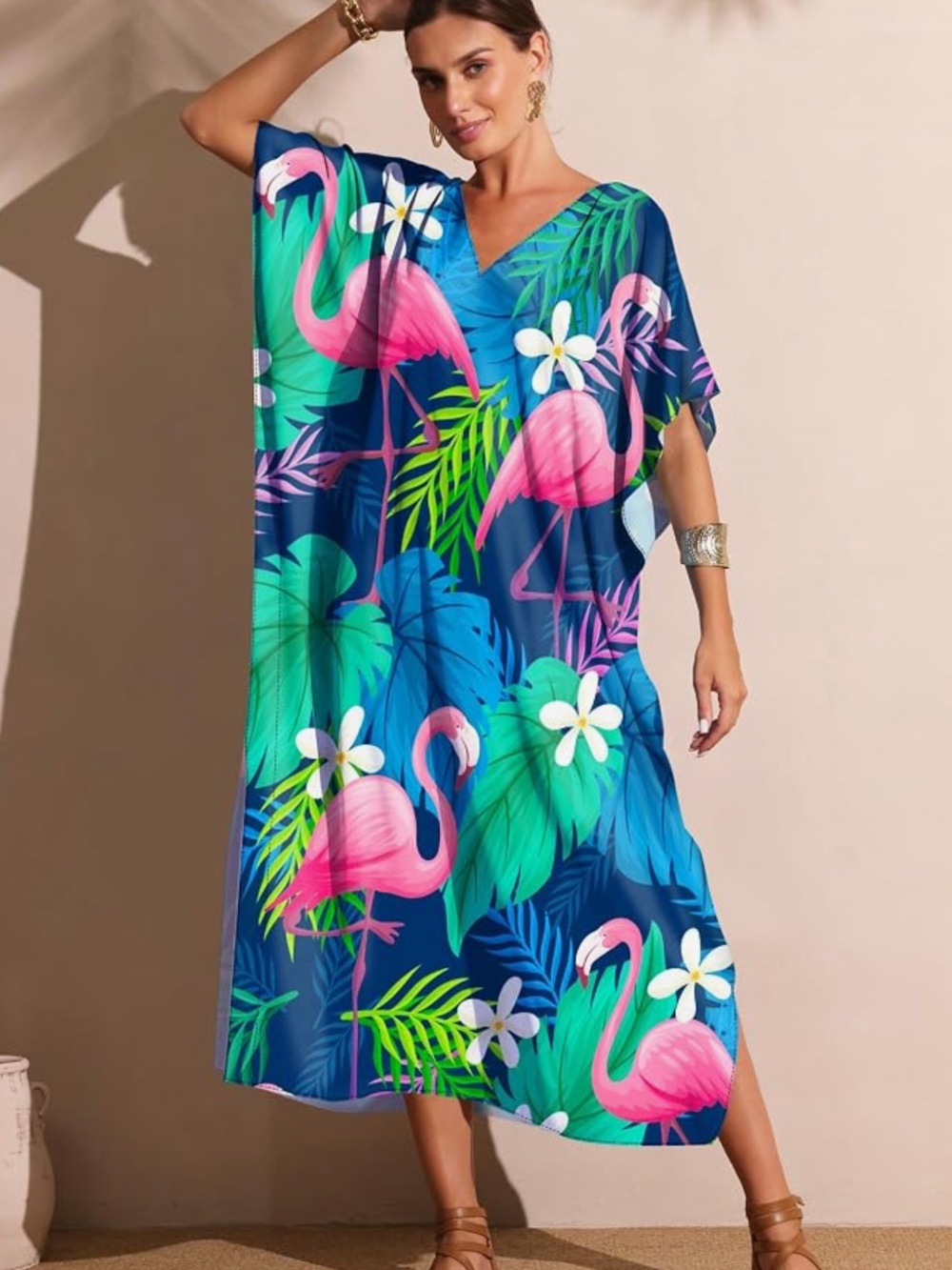 Women’s moo moo dress Blue Flamingo Print Swim Cover-Up Caftan
